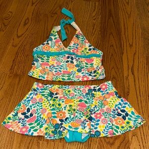 Hanna Andersson Floral Tankini & Skirt Swim Set - Teal, Pink, Yellow, Navy